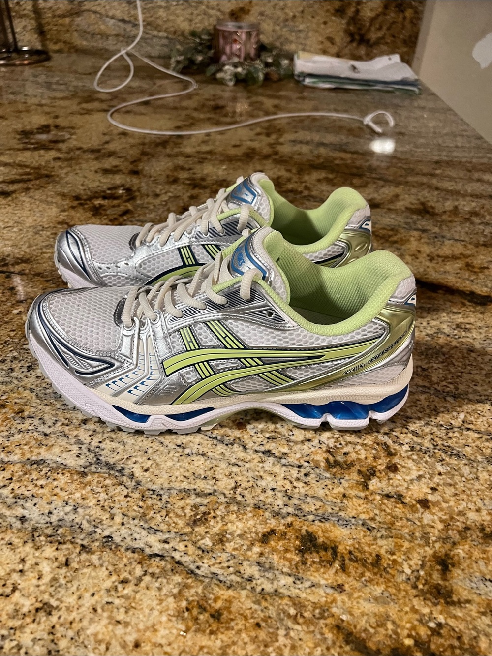 ASICS GEL-KAYANO 14 Silver Lime Green Blue Running Sneakers Size 8